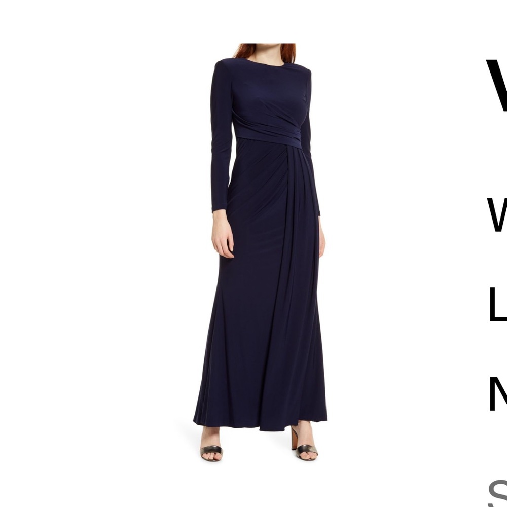 Vince Camuto long formal navy dress draped